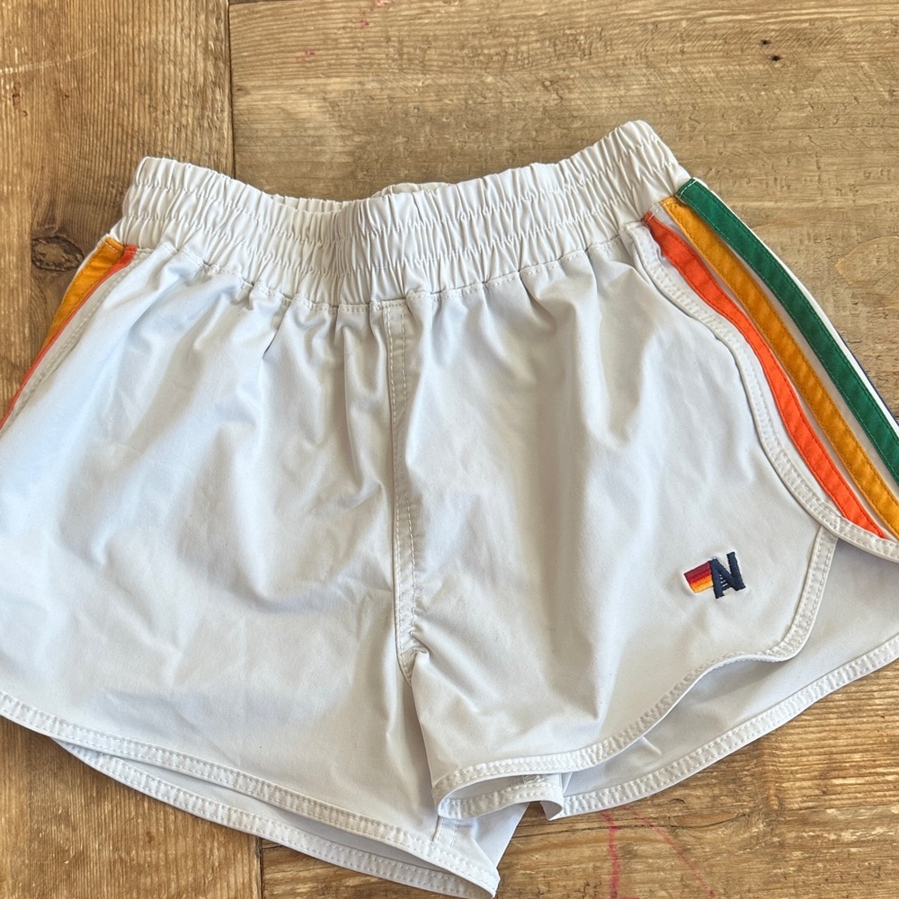 Aviator Nation White Kids Shorts with Rainbow Stripes Worn 2x